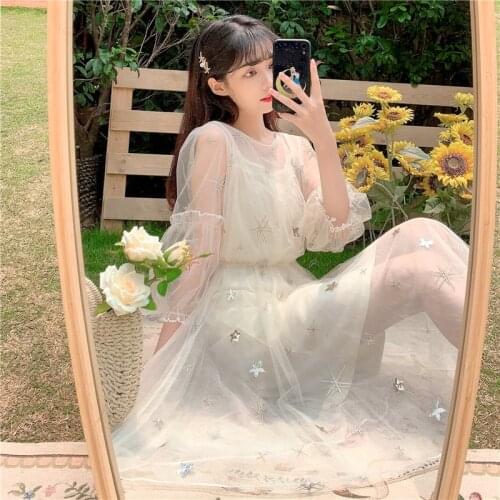 2021 New Summer Women Princess Fairy Dress Beige Bluish Grey Sequined Embroidery Mesh Dress 3/4 Sleeve Elegant Tulle Party Dress
