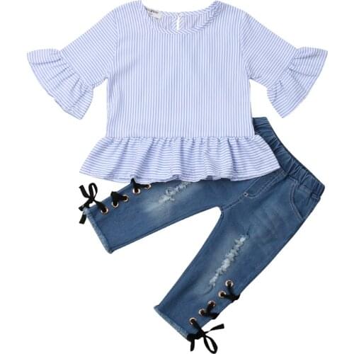 2018 Newly Fashion Infant Kids Baby Girls 2PCS Ruffles Sleeve Blue Striped T-Shirts Tops+Denim Pants 1-5Y