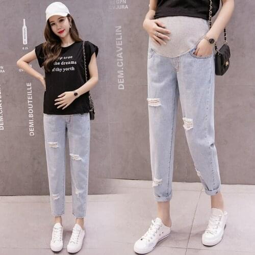 2021 Autumn Fashion Maternity Jeans Super Stretch Pregnancy Belly Support Pants Female Pregnant Casual Pregnant Ripped Premama