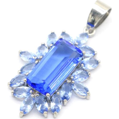 41x25mm Luxury Drop Shape Created Paris Blue Topaz Rhodolite Garnet CZ For Women Wedding Daily Wear Silver Pendant