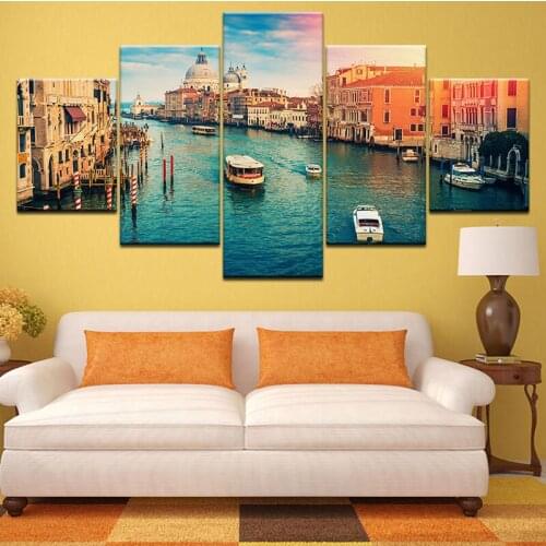 5Pcs Canvas Painting HD Printing Picture Venice Water City Boat Light Landscape Wall Art Modern Modular Home Decoration Poster