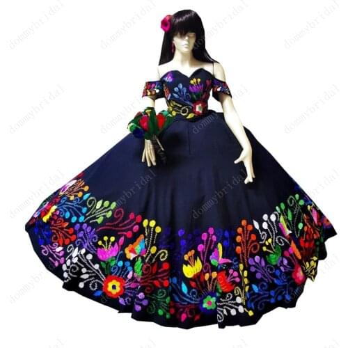 2021 Fashion Navy Blue Colorful Flower Embroidery Mexican XV Year Girl Quinceanera Dresses Off Shoulder Satin Sweet 15 16 Dress