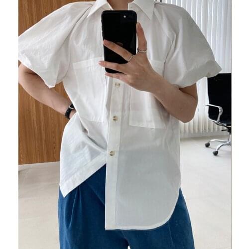 Lantern Sleeve Blouse Women Shirts Summer Short Sleeve Casual Button Wrap Top Female Pocket White Khaki Shirt