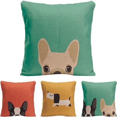 Cute Animal Pug Decorative Puppy Sofa Cushion Pet Cotton Linen Pillowcase Funny Dog Head Cushion Cover for Car Chair Home Decor