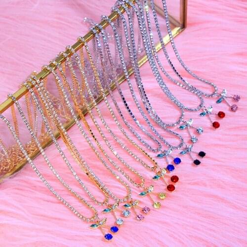 Flatfoosie Shine Crystal Cherry Pendant Necklace Girls Gold Silver Color Rhinestones Chain Necklace Fashion Wedding Jewelry Gift