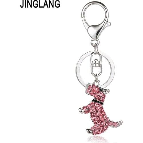 JINGLANG Silver Color Animal Lobster Clasp Metal Keyring Dangle 3D Crystal Dog Charm Keychains For Women Luxury Handbag Jewelry