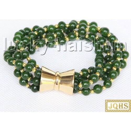 JQHS natural 8" 6mm 5row round dark green jades Beaded Strand bracelet magnet clasp j11561