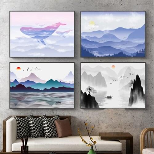 Chinese Landscape Ink Painting Mountain Whale Poster Canvas Print Painting Wall Art Living Room Home Decoration