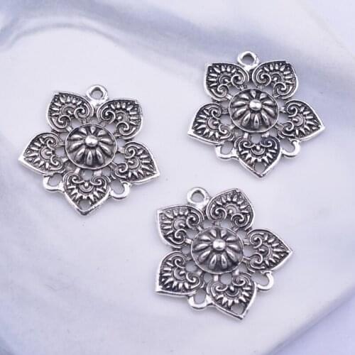 12pcs 28mm Antique Silver Flower Connector Three Flowers Charms Metal Alloy Connectors DIY Earring Making