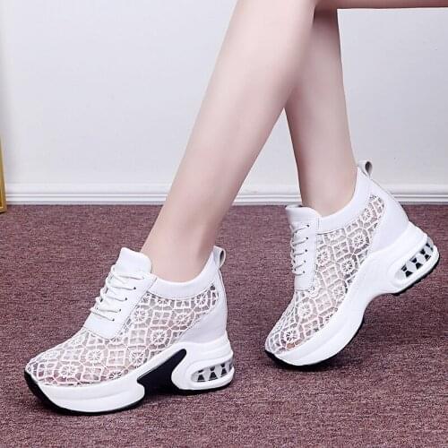 Summer Breathable Mesh Chunky Platform Sneakers Women Lace Floral Hollow Out White Shoes Woman Hidden Heels Casual Shoes