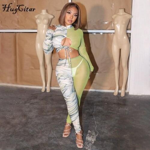 Hugcitar 2020 Long Sleeve Hollow Out Ruched Patchwork Mesh Tshirt Leggings 2 Pieces Set Autumn Winter Women Sexy Tracksuit
