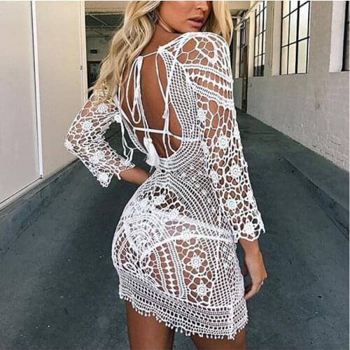 Summer Sexy Women Bikini Cover-Ups Beach Dress Ladies Bathing Suit Lace Crochet Bikini Cover Up Beach Wear Hollow White Dress