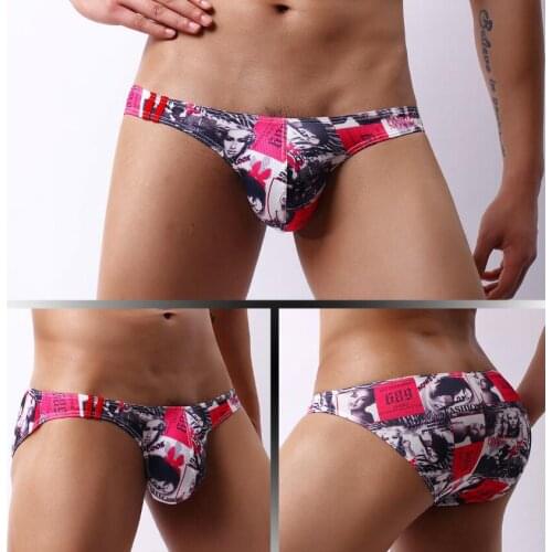 Sexy Men Underwear Print Underpants Ice Silk Briefs Cueca Gay Male Panties Slip U Convex Mesh Breathable Shorts