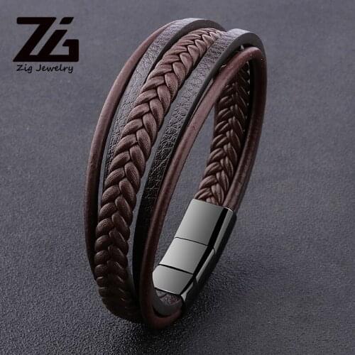 ZG Mens New Punk Braid Leather bracelet black Adjustable Stainless Steel Magnetic buckle wristband male Jewelry Best Gifts