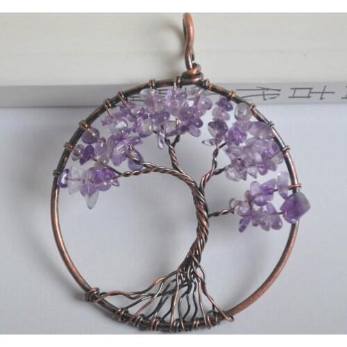 Natural Lucky Handmade Tree of life Purple Crystal Bronze Copper Wire Wrap GEM Pendant Jewelry For Gift S1281