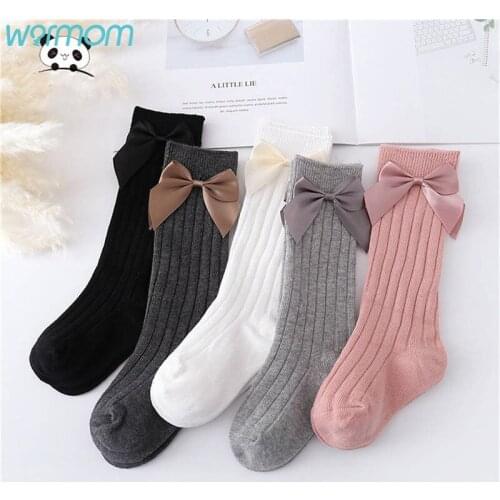 Warmom New Big Bowknot Baby Socks Double Needle Vertical Stripes Plain Medium Long Tube Socks InsStyle Childrens Socks