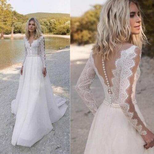 New Summer Beach Lace Long Sleeves Bridal Wedding Dresses Illusion Neckline Sheer Back Wedding Gowns for Bride Court Train