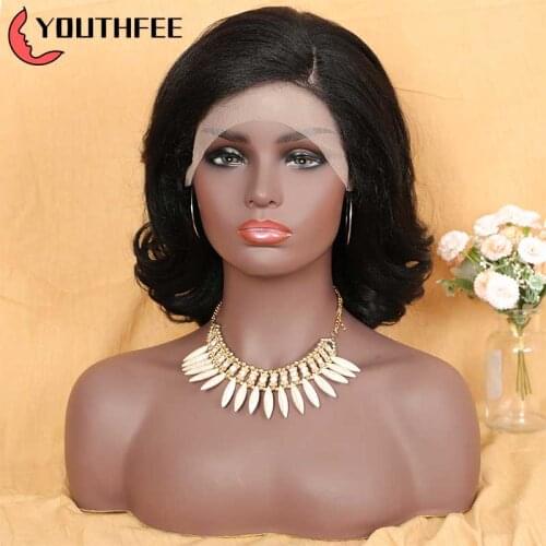Youthfee Lace Front Straight Synthetic Wigs With Natural Curls 12"Meduim Wig With Baby Hair For Women Black Lace Frontal Wigs