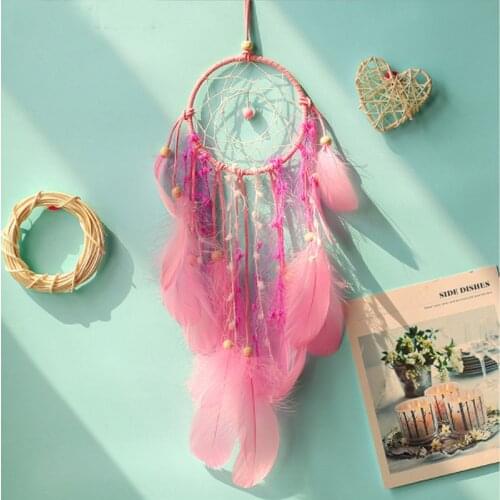Scandinavian style Pink Dream catcher hanging DIY Feather Crafts Wind Chimes Girl Bedroom Romantic Hanging decoration gift