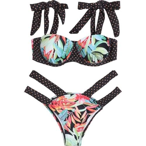 Sexy Hot Push Up Underwired Womens Bikini Tied Shoulder Straps Swimsuit Low Waist Cut Out Thong Biquini Swimwear Bathing Suit