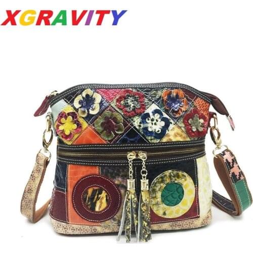XGRAVITY Vintage Flower Small Cow Genuine Leather Fashion Bags Colorful Fashion Ladies Messenger Bags Mix Color Female Handbags
