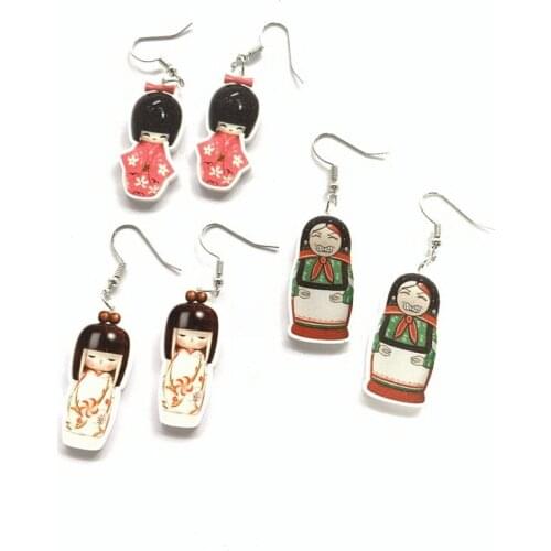 Vintage Japan Kimono Harajuku Earrings for Women Acrylic Matryoshka Doll Cute Fairy Tale Cartoon Earrings Fashion Jewelry New