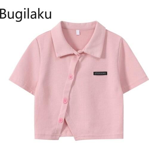 Bugilaku Pink Turn Down Collar T Shirts Women Single Breasted Short Sleeve Cropped Tops New Casual High Street Graphic Tees
