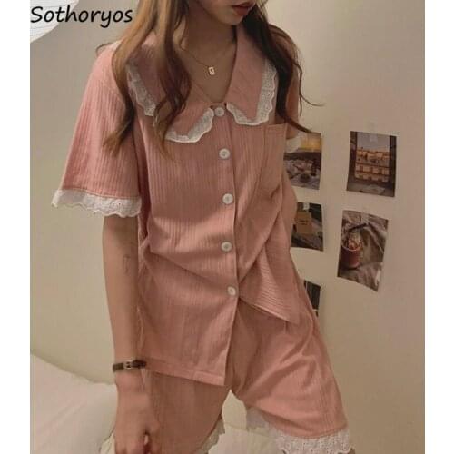 Women Sweet Pajama Sets Short Sleeve Tops Lace Patchwork Shorts Lovely Girls Lounge Loose Sleepwear Soft Home Student Trendy Hot