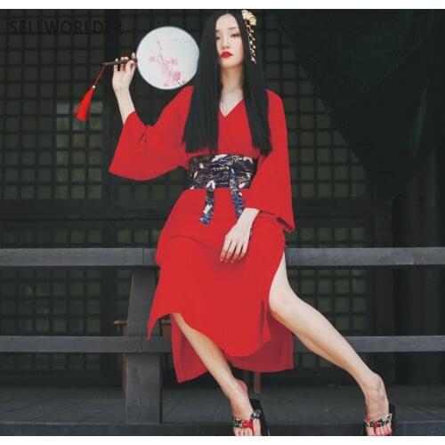 2018 Woman Japanese Kimono Style Loose Solid V neck Thin Sexy Split Long Dress