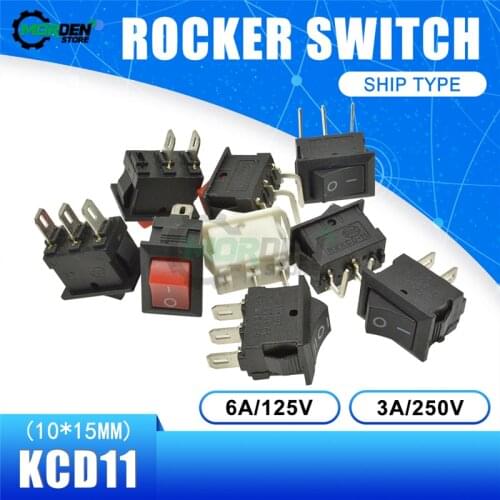 10Pcs KCD11 2Pin 3Pin 3A 250V 6A 125V 10x15MM Boat Rocker Switch ON-OFF Snap-in Power Switch White Red Black Push Button Switch