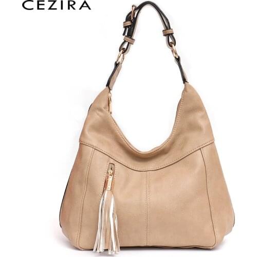 CEZIRA Luxury Casual Style PU Vegan Leather Shoulder Bags For Women Fashion Tassels Hobo Ladies Daily Crossbody Handbags Purses