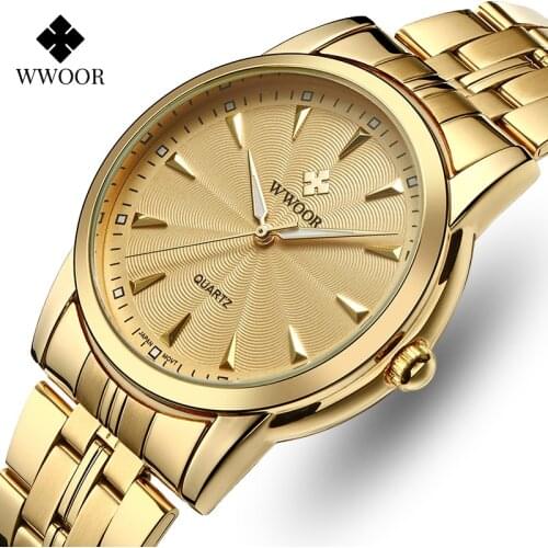 WWOOR Original Design Watch For Men Gold Full Steel Quartz Clock Male Casual Waterproof Sport Wristwatches Box Relogio Masculino