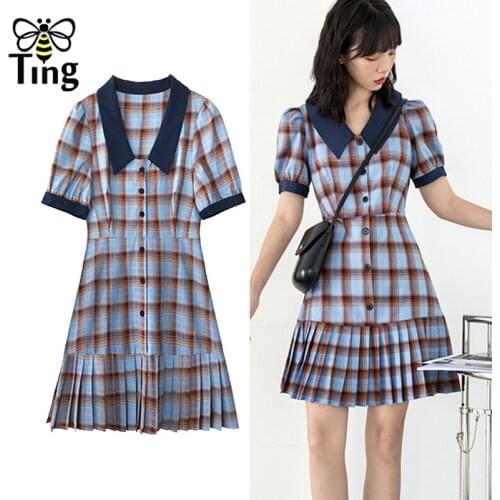 Tingfly Sweet Girl Plaid Pleated Mini Short Dress Vintage Short Pull Sleeve Peter Pan Collar Young School Girl Dress Vestidos ZA