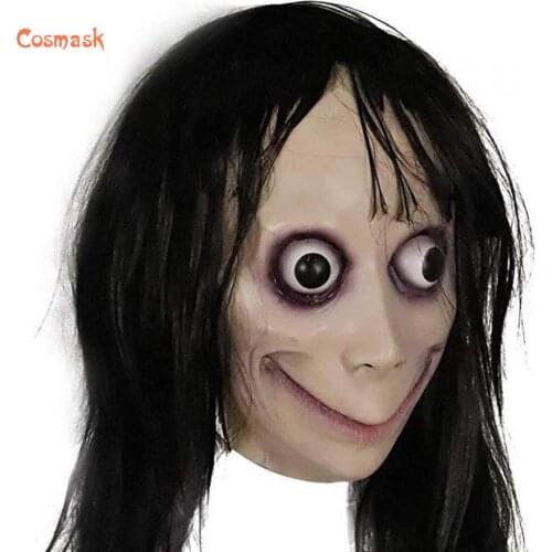 Cosmask MOMO Scary Halloween Female Ghost Hacking Game Horror Latex Mask Death Game Scary Mask Big Eye With Long Wigs