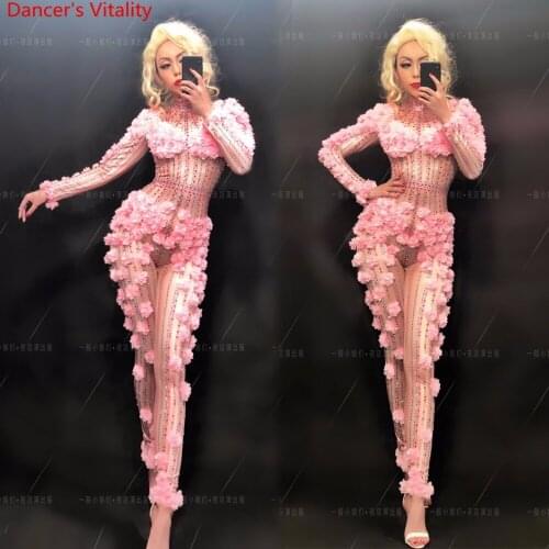 Pink Flower Rhinestone False Perspective Body Suit Photography Clothes Nightclub Bar Sexy Jazz Pole Dance Performance Costume
