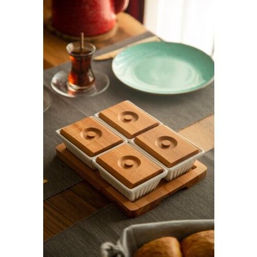 Creative Wood Snack Breakfast Serving Platter Tray Ceramic Bowls with Wood Lid Set of 9 Kitchenware Picnic Snack Serving Platter