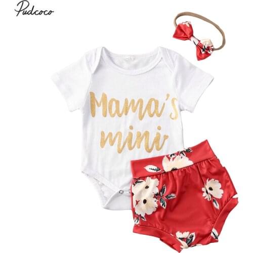 Newborn Girl 3PCS Summer Suit Short Sleeve Letter Print Jumpsuit + Floral Shorts + Hairband Set (0-18M)
