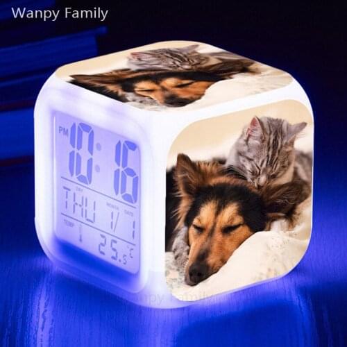 2021 New Sleeping dog &cat Alarm Clock 7 Color Glowing LED Digital Alarm Clock Multifunction Touch Sensing Clock for kid gifts