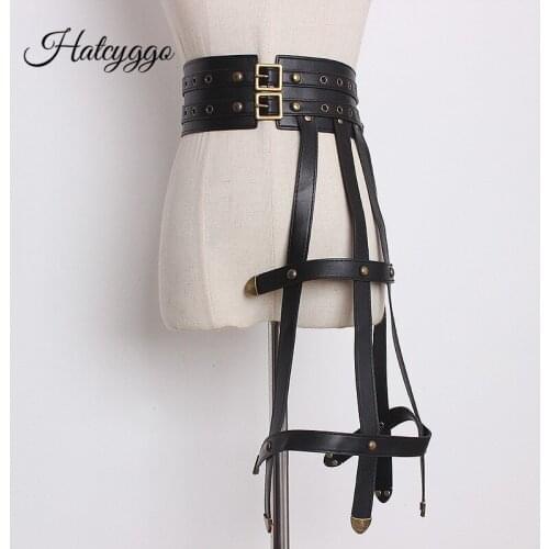 HATCYGGO Fashion Women Waist Belt Leather Harness Punk Gothic Garter Belts Female Wide Belt Cummerbund Waistband Elastic Strap