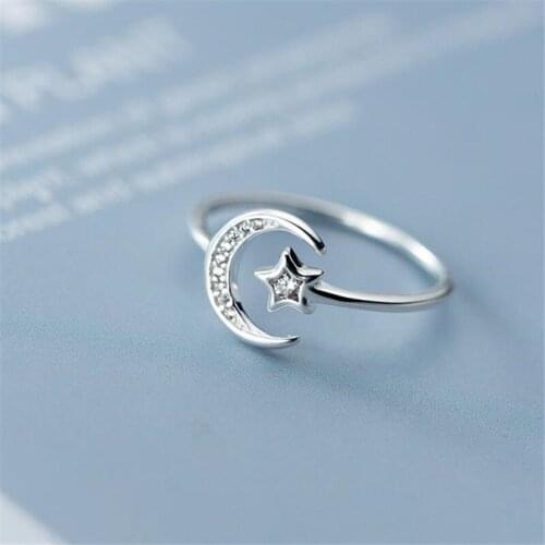 Real 925 Sterling Silver Minimalist Zircon Moon Star Opening Ring For Charming Women Party Luxury Fine Jewelry Cute 2021 Gift