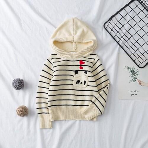 2020 New Autumn Winter Pullover Hooded Cute Embroidery Pattern Knitted Sweater Striped Boys And Girls Fashion Casual Sweater