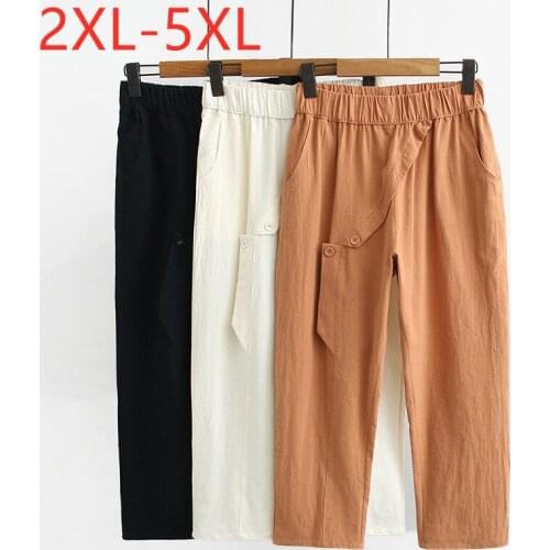 New 2021 Ladies Summer Plus Size Cropped Pants For Women Large Loose Casual Cotton Yellow Straight Trousers 2XL 3XL 4XL 5XL