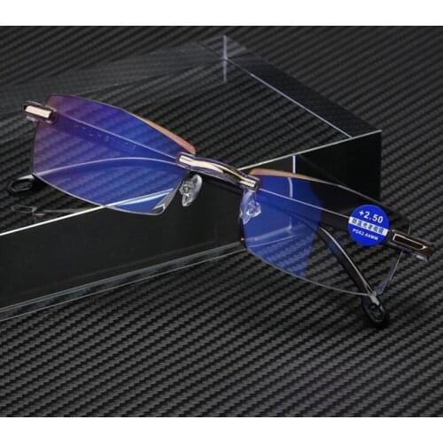 New Trends Women Anti Blue Light Rimless Diamond Trim Reading Glasses Men Fashion business Square Eyeglasses Frame