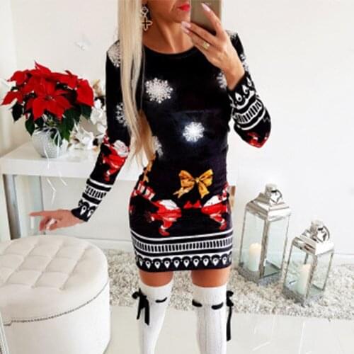 Autumn Winter Women Sweatshirts Fashion Long Sleeve Pullover Christmas Printing Dress Slim fit Package Hip Female Sweater