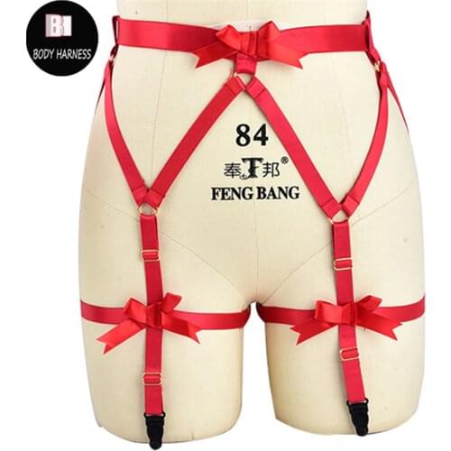 Women Wedding Garter Body Harness Rave Bondage Lingerie Bridal Bow Garter Belt Red Goth Pole Dance Leg Stocking Harness Belt