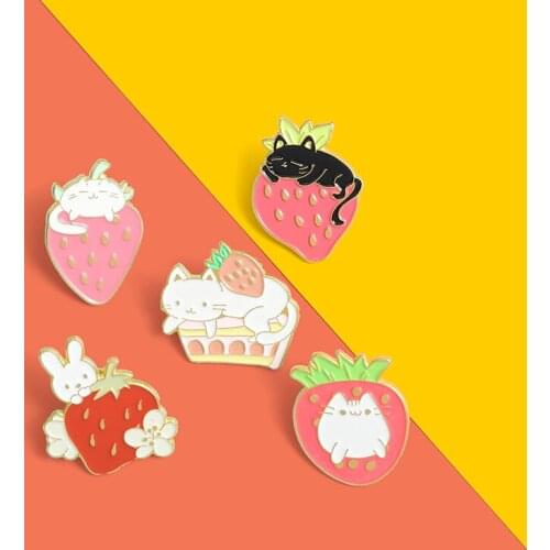 Custom Sweet Cake Fruit Cute Rabbit Cat Enamel Pin Strawberry Party Brooches Shirt Lapel Badge Bag Animal Jewelry Gifts For Kids
