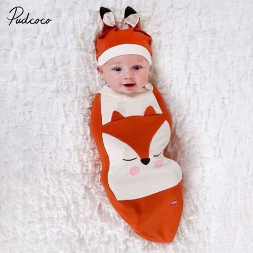 Pudcoco Cartoon Animal Design Baby Sleeping Bag for Newborns Baby Girls Boys Swaddle Blanket Wrap Sleepwear + Hat Set