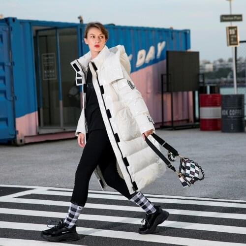 Winter Down Coat 2021 INS New Women Hooded Multi-pocket White Duck down Coats Glossy Windproof Rainproof X-Long Parkas Outwear