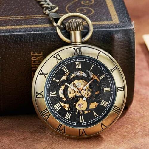 Vintge Mechanical Pocket Watch Roman Numerals Dial Skeleton Unique Design Luxury Mens Retro Mechanical Pocket Watches With Chain