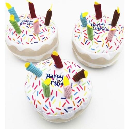 Funny Durability Plush Dog Toys Squeak Chew Sound Toy Pets Dog Cat Happy Birthday Gift Cake Shape Interactive Training Toys